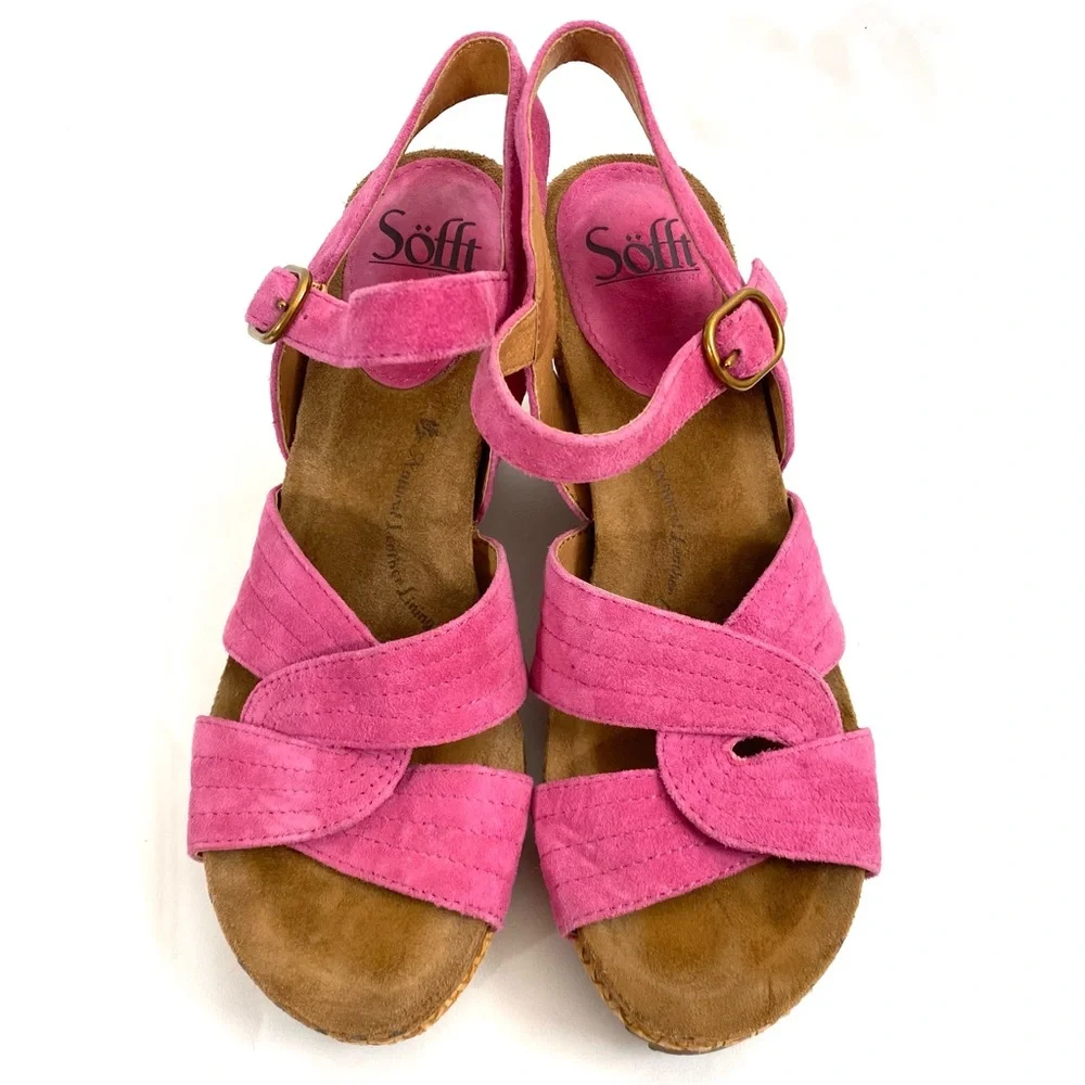 Sofft Wedge Platform Sandals 8 M Pink Suede Open Toe Ankle Strap - Picture 3 of 10